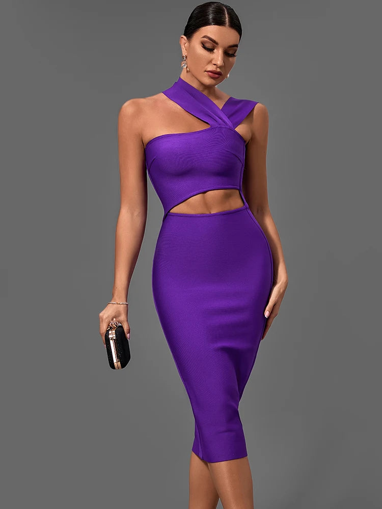 Vestido morado ajustado para fiesta de noche, elegante, sexy, con corte midi