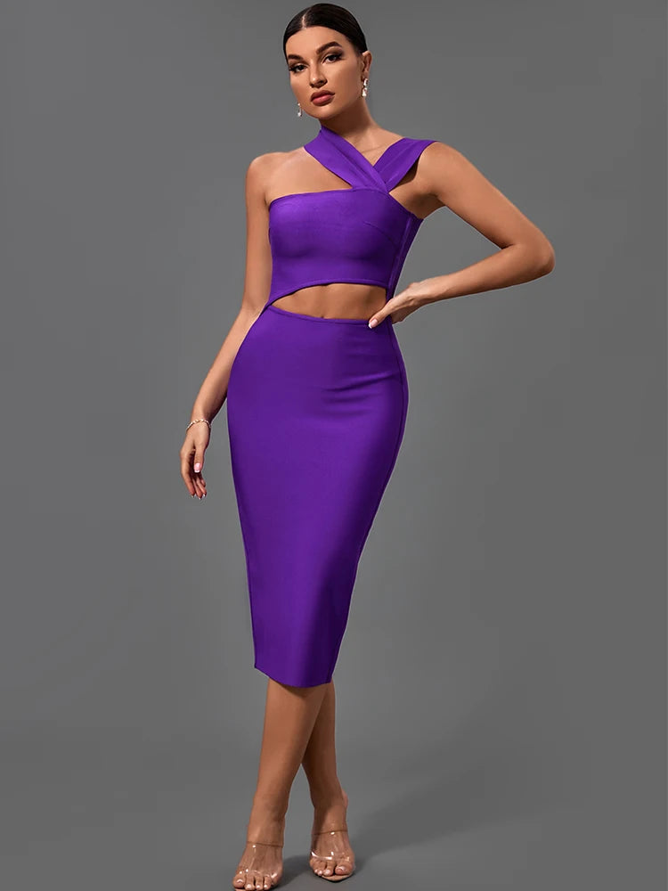 Vestido morado ajustado para fiesta de noche, elegante, sexy, con corte midi