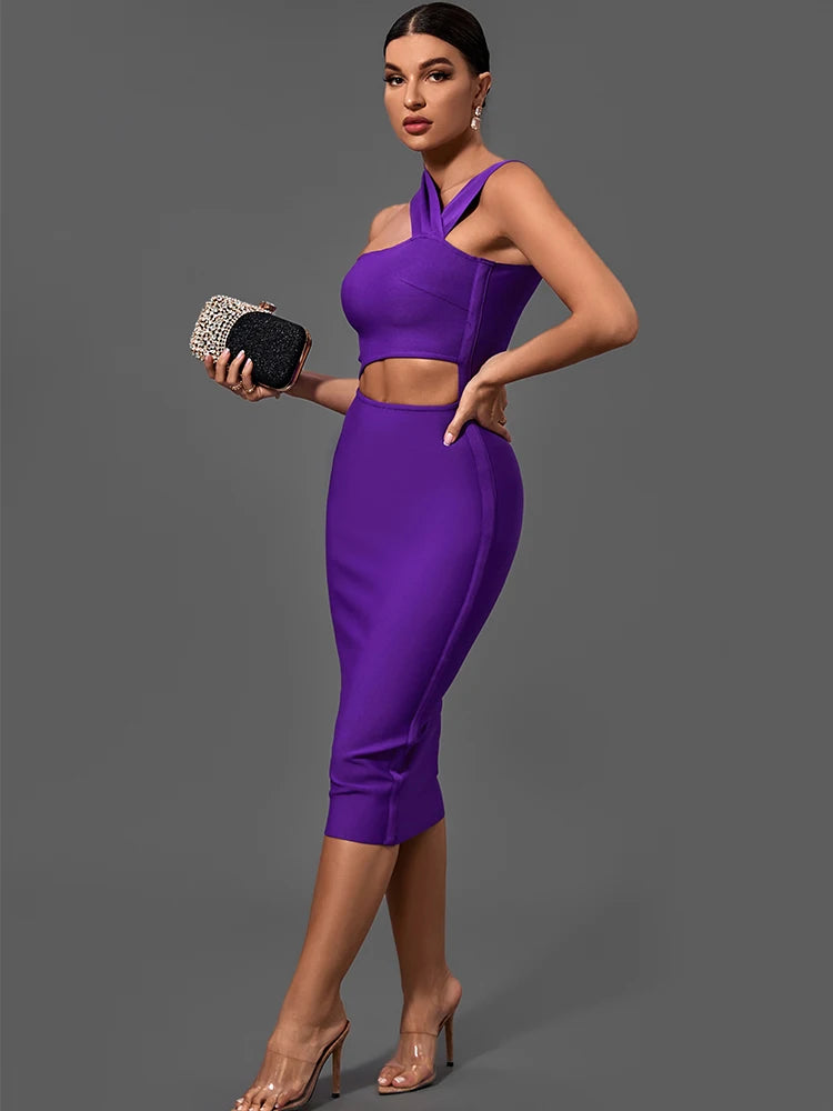 Vestido morado ajustado para fiesta de noche, elegante, sexy, con corte midi