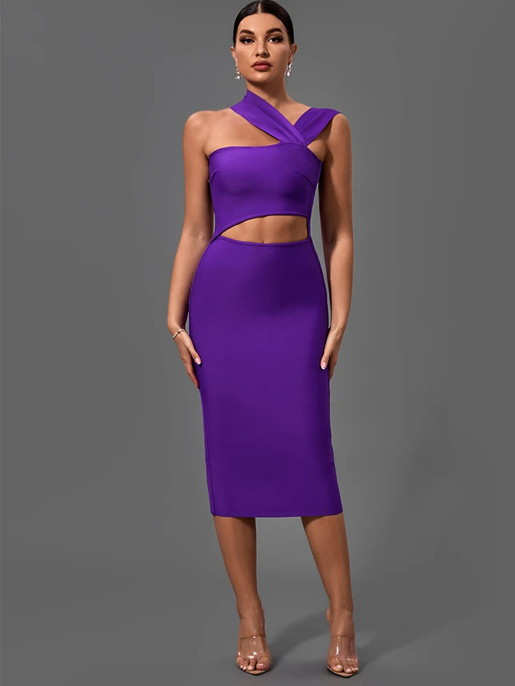 Vestido morado ajustado para fiesta de noche, elegante, sexy, con corte midi